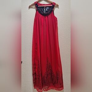 Elegant Red Maxi Dress with Black Embellishments